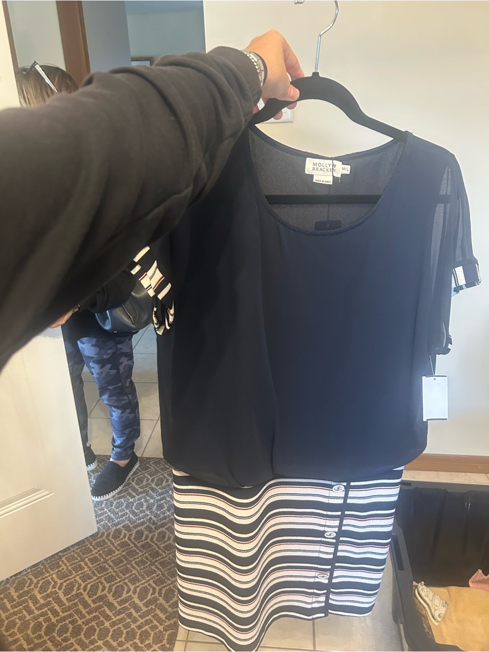 Molly Bracken Navy Short-Sleeve Sheer Layered Blouse
